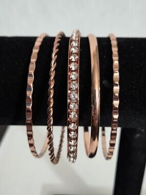 Rose Gold Tone Bangle Bracelet Set of 5 Rhinestone Stackable #EAB12